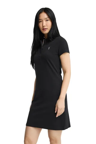 Kurzes Kleid schwarz mit kurzen Ärmeln, Polokragen und Rigby Go Logo