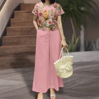 ZANZEA Women's 2pcs Suits Floral Short Sleeve O-Neck Top Elastic Waist Wide Leg Trousers Vintage Sets