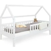Ehrenkind Hausbett Lille aus massivem Kiefernholz inkl. Rausfallschutz und Rollrost (80x160 Weiß, Hausbett mit optionalem Stauraum), 2 in 1 Aufbau bodentief oder Standardhöhe