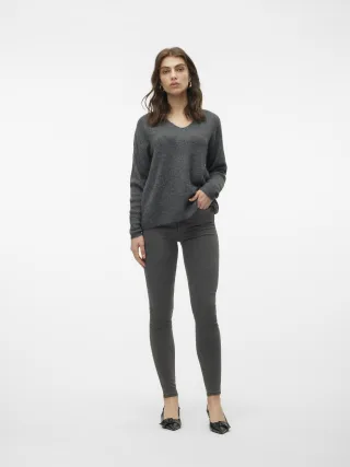 VERO MODA - VMCREWLEFILE LS V-NECK BLOUSE NOOS medium grey melange - Gr. - XL