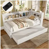 Merax Daybett mit Steckdose und 2 USB-Anschlüssen (Kiefer Sofabett Kinderbett Jugendbett, 1 tlg), Schlafsofa Tagesbett 90x200cm mit Ausziehbett 90x190cm & Staufächer
