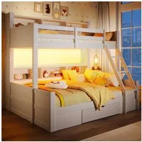 BlingBin Etagenbett Bett Kinderbett Leiterbett Stockbett Holzbett (Etagenbett mit LED-Beleuchtung aus Massivholz, 90x200 cm + 140x200 cm, 1-St., inkl. Leiter, Bettgitter, offener Staufächer & großer Schublade), sicher & stabil, ideal für Geschwisterz