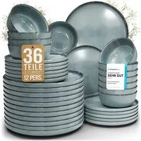 PURE LIVING INTERIOR DESIGN Geschirr-Set Pure Living »Rustic« (36-tlg), 12 Personen, Steingut, Rauchblau, 12 Personen, Steingut, Authentischer Landhausstil, Reaktive Glasur – jedes Stück ein Unikat,…