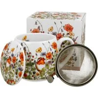 Duo-Gift Becher Tee Tasse mit Teesieb Mug / Fass / Fassbecher / Kaffee Tasse, 3-tlg., Porzellan Mug : Ein 430-ml-Fassbeche.r ca. 9,8 x Ø 8 x 12,5 Becherfass mit Teesieb,TERRASSE BEI NACHT inspiriert von Van Gogh, Sommer Blumen / Tiere / Planzen mit G