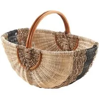 Kobolo Einkaufskorb Rattankorb Shopper 8 l beige mit olivfarbenem Seegras Tragekorb Autoko, 8 l, 49x31x19/34 cm