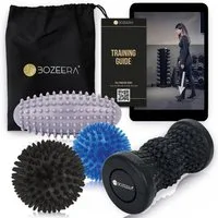 BOZEERA Massageball Fußmassage Set: 1x Roller, 2x Noppenball, 1x ovaler Stachelball, Fußroller & Igelbälle mittel, ovaler Stachelball hart, für Rücken Beine Füße, Inkl Video,Poster & Tasche