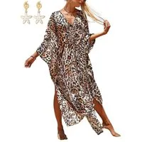 MOPUEA Strandkleid Damen Kaftan-Kleid Boho Maxikleid, Übergröße Kaftane Bademode Coverups (Kimono Sommer-Badeanzug, Maxi-Strandkleid, 1-tlg., locker fließend und lang ideal für Urlaub und Freizeit) Strandkleid inkl. 1 Paar Seestern-Ohrringe