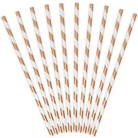 partydeco Trinkhalme, Papierstrohhalme diagonal gestreift 19cm roségold weiß 10er Set