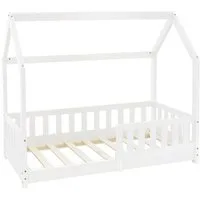 ML-DESIGN Spielbett Hausbett Kinderbett inkl. Lattenrost kreativ Bodenbett für Kinder, Abenteuerbett zum Spielen mit Rausfallschutz Kiefer Weiß Himmelbett
