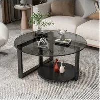 PEALOV Couchtisch mit 2 Ablageebenen und Metallrahmen, Ø 60 x 45 cm (1-St), Runder Wohnzimmertisch aus gehärtetem Glas für Wohn‑ und Schlafzimmer