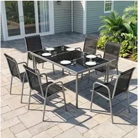 Outsunny Garten-Essgruppe mit 6 Atmungsaktiven Stühlen, Sicherheitsglas Tischplatte, (Gartenset, 7-tlg., Gartenmöbel Set), für Garten Balkon Terrasse Schwarz