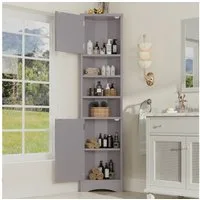 Flieks Badkommode Eckschrank mit 6 Fächern Hochschrank (mit verstellbaren Einlegeböden und silberner Metallgriff, 1 St., B37/T24,5/H170 cm), Dreieckiger Badezimmerschrank Holzschrank mit 2 Türen, 6 Ebenen