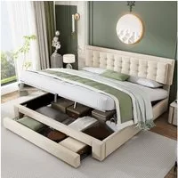 Odikalo Stauraumbett Polsterbett Lattenrost Kopfteil 2 Schubladen Beige/Grau 140/160/180 cm