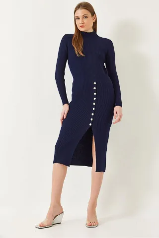 Rippstrick-Turtleneck-Midi-Strickkleid