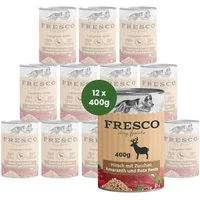 Fresco Dog NassBarf Premium Hundefutter Nass 12 x 400g, Hirsch mit Rote Beete, Preiselbeeren & Amaranth, Nassfutter für: Hunde, Getreidefrei, zuckerfrei & hochverträglich