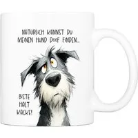 Cadouri Tasse 'Doof finden' Kaffeetasse mit Spruch - Geschenk für Hundefreunde, Keramik, mit Hundespruch, beidseitig bedruckt, handgefertigt, Geschenk, 330 ml