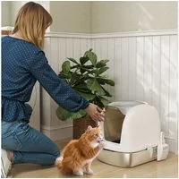 PawHut Katzentoilette Katzenklo Edelstahl mit Deckel, Wanne, Streuschaufel, für Katzen unter 5 kg, Weiß