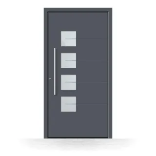 Aluminium Haustür Anthrazit, RAL 7016, 70x170 cm, vier Glaseinsätze mit Motiv, Schüco-Profil, Modell Bremen, individuell konfigurieren