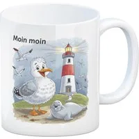 speecheese Tasse Fröhliche Möwe und Leuchtturm Kaffeebecher - MOIN MOIN