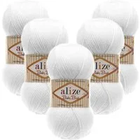 Alize 5 x ALIZE Baby Best 55 White Häkelwolle, 240 m, Babywolle,Viskose,Anti-Pilling,Babygarn