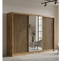COMBO Schiebetürenschrank Kleiderschrank Schiebetüren 250x215x60cm Spiegel Wotan Eiche 3 Türen Schwebetürenschrank Lamellen Kleiderstange Schubladen Regalfächer