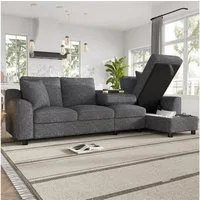 MODFU Sofa für Wohnzimmer & Gästezimmer, mit aufklappbarem Stauraum, klappbare Rückenlehne mit Getränkehaltern 1 Teile