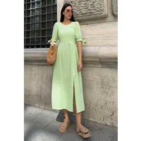 For You Moda Midikleid Natürliche Viskose Waffel Karo Schlitz Maxi Grün Kleid