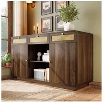 Flieks Kommode mit Rattan-Schubladen und verstellbaren Einlegeböden (1 St., H85/B120/T40 cm), Sideboard Mehrzweckschrank Holzschrank Nussbaumfarbe