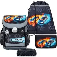 Belmil Schulranzen Mini Fit 2026 (Set, 4-tlg., mit Sportbeutel, Federtasche, Schlamper, Brustgurt), 4tlg. Set ab 1. Klasse, Grundschule, Einschulung, Rennwagen, Jungen