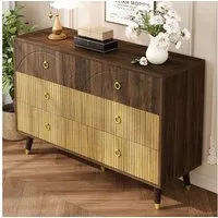 MODFU Sideboard Praktischer Aufbewahrungsschrank mit 6 geräumigen Schubladen (Packung, 1 St., Vielseitig als Sideboard oder Kommode mit warmem Holzcharakter), in Natur, veredelt durch goldene Ziergriffe, 120x40x81 cm