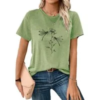 PYLIKE Kurzarmshirt Bequemes Shirt Damen Kurzarm Sommer Basic-Shirt mit Libelle Print Bequem für Freizeit und Büro,Strandurlaub