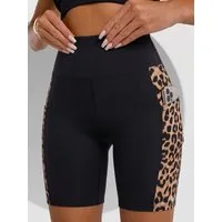 FemmeTone Shorts Damen Sportshorts High Waist mit Taschen, Radlerhose im Leo-Look Bikershorts mit Handytaschen und formendem Kreuzbund - Fitnessshorts