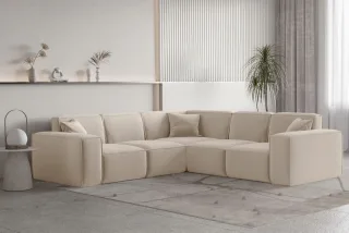Ecksofa Designersofa CELES PREMIUM in Stoff Opera Velvet Sand Seite Universal