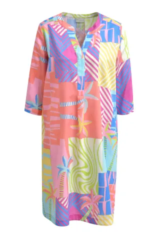 Milano Italy - Dress w roundneck + short placket, 3/4 sleeves colorful print - Gr. - 42