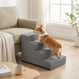 FEANDREA Hundetreppe, 2/3/4/5 Stufen Haustiertreppe aus grauem Cordstoff Waschbar hellgrau XL