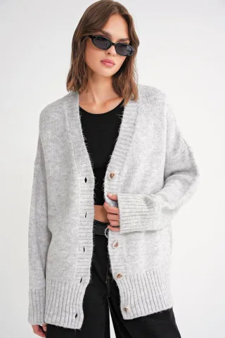 Knopfleistung V-Ausschnitt Rippstrick-Cardigan