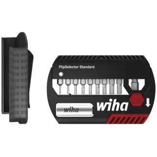 Wiha Bit Set FlipSelector Standard 25 mm Sechskant 11-teilges Set 1/4 zoll C6,3 mit Gürtelclip - 39059