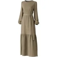 fashionshowcase Maxikleid Damen Crinkle Kleid mit Gürtel, Ballonärmel, 140 cm, Gr. 36–46 Mit Bindegürtel in Taille und dezentem Volant am Saum