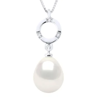 Halskette Schmuck Diamant 0,01 Karat Weißgold und echte Süßwasser-Zuchtperle Birne 9-10 mm
