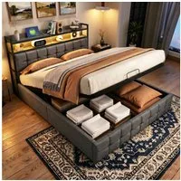Gdood Polsterbett Stauraumbett Doppelbett LED (1 tlg., Inkl. Bettkasten), Mit LED-Beleuchtung, Ladefunktion,Leinen, 140x200 cm