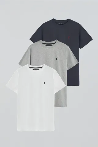 Dreierpack Herren-T-Shirts marineblau, weiß und grau meliert mit Rundhalsausschnitt und gesticktem Rigby Go-Logo