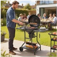 Outsunny Holzkohlegrill mit Seitentischen, Deckel, Thermometer, Räder, BBQ Smoker, Grillwagen, für Barbeque Camping, Terrasse, Garten 129 x 63,5 x 106,5 cm