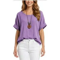 dy_mode Kurzarmbluse Damen Kurzarm Bluse Leichte Sommer Tunika Baumwollbluse Oberteil in Unifarbe, mit passende Kette
