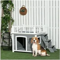 PawHut Hundehütte Hundehaus mit Balkon, Hellgrau 121 x 77 x 78 cm
