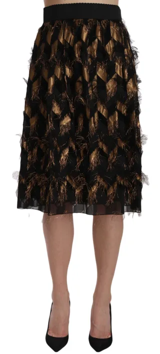 Dolce & Gabbana Women's Black Gold Fringe Metallic Pencil A-line Jupe