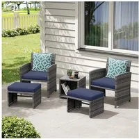 Sunsitt Balkonset Balkonmöbel-Set, 5-tlg Rattan Gartenmöbel-Set, (2er Gartensessel mit Beistelltisch&Hocker,Gartensitzgruppe inkl), Sitzkissen&Rückenkissen, Gartensofa Set für Garten Indoor Balkon, Blau