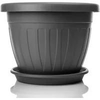 BigDean Blumentopf mit Untersetzer rund Anthrazit - wetterfester Pflanzkübel (Set, 1 St., Blumentopf + Untersetzer), Mediterane Optik, Vielseitig, Hochwertig