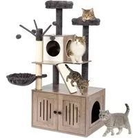 LALAHO Kratzbaum mit Katzenklo Schrank, 134,5 cm hoch, mit Liegemulde, Kratz Stämmen, Plüschbälle