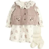 Next Blusenkleid Baby Kleid, Weste und Strumpfhose im 3er-Set (3-tlg)