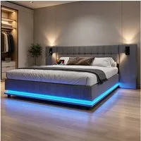 REDOM Polsterbett mit LED-Leiste & USB, Kopfteil mit Spotlicht (Leinen-Doppelbett, 180x200 cm), Inklusive Matratze